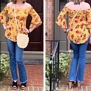 SALE Yellow Floral Off Shoulder Top Bell Sleeves